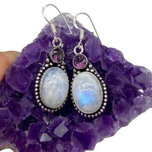 Rainbow Moonstone Purple Amethyst Earrings 925 Sterling Silver Dangle Drop Stone